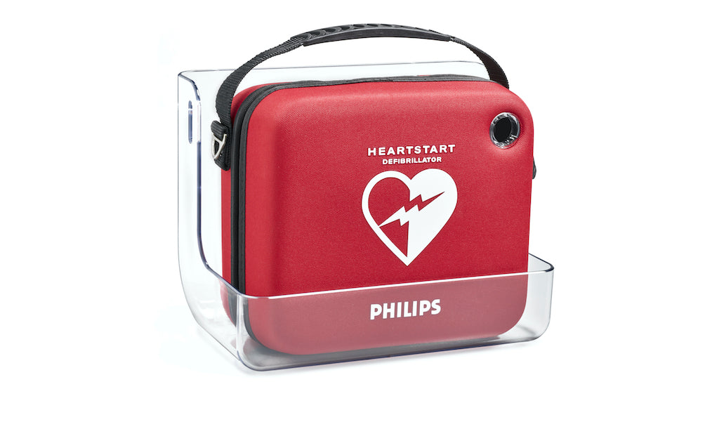 Student First Aid Philips Heartstart defibrillator case in wall mount bracket
